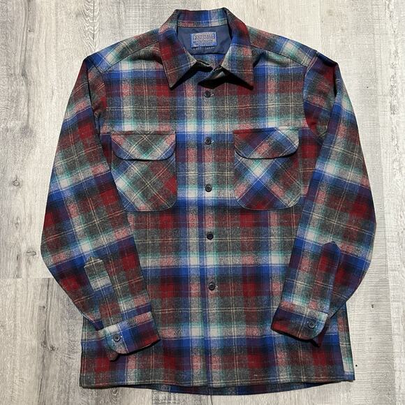 VTG 80s Pendleton Red/Blue Plaid Loop Collar Flap Pocket Wool Board Shirt Mens M - Picture 1 of 5